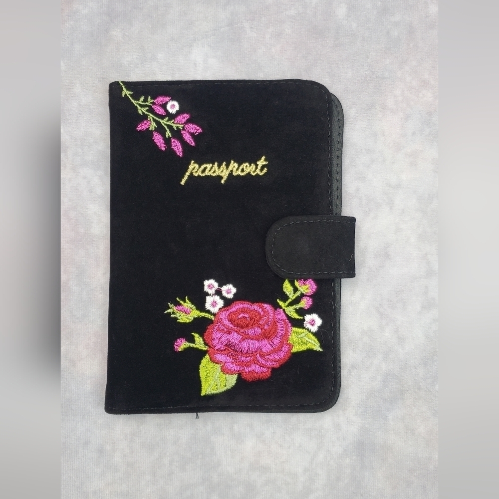 Passport Wallet Black Velvet Floral‎  Embroidered